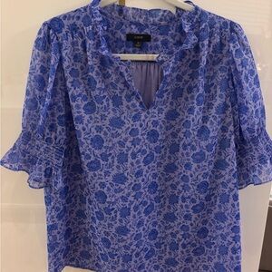 J. Crew Blue Floral Blouse with Ruffle Sleeves